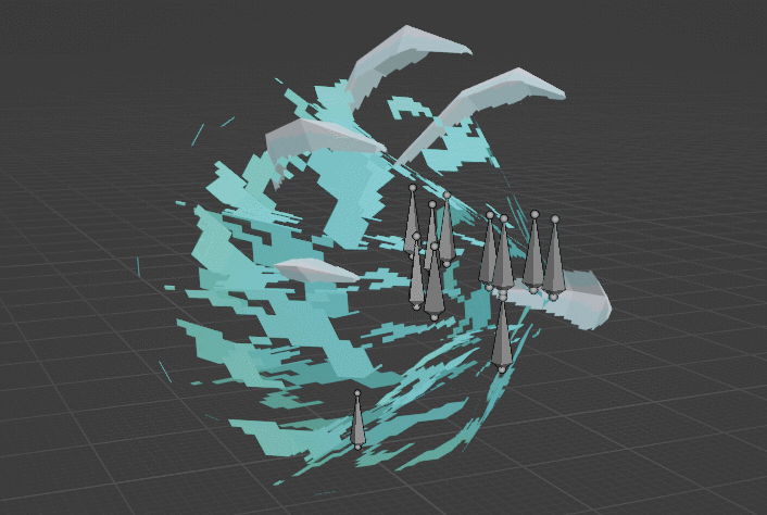 .GIF of moving the rigging bones in a particle effect object